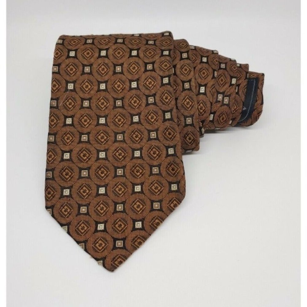 VILLINI Handmade Men's Silk Tie Brown Black Gold Geometric Square Neckwear